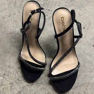 Bebe Black Silver Rhinestone Strappy Heels Size 8 Party Going Out